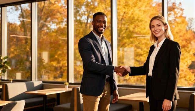 Business partners shaking hands in modern office lounge with warm autumn window view