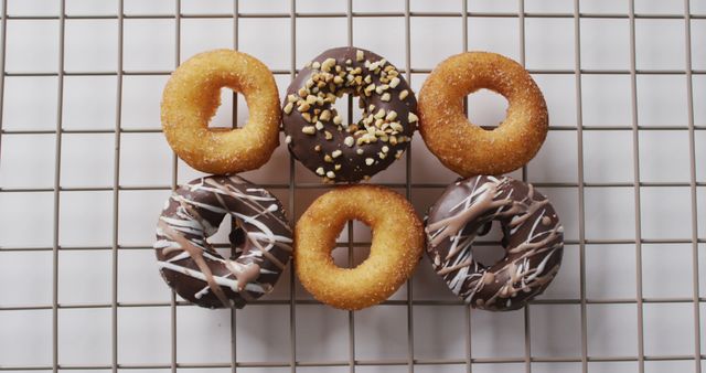 Various donuts are displayed on a cooling rack, showcasing different toppings and glaze designs. Ideal for use in bakery promotions, food blog imagery, menu designs, and advertisements for cafes and dessert shops.