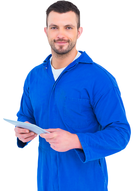 Happy mechanic in blue overalls pointing on transparent digital tablet - Download Free Stock Videos Pikwizard.com