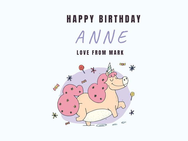 Adorable unicorn illustration with pink balloons, perfect for birthday greetings, party invitations, and kids' celebration materials. Brighten up someone's special day with this playful and colorful template. Ideal for printed cards, digital invites, or social media posts for birthdays and festive events.