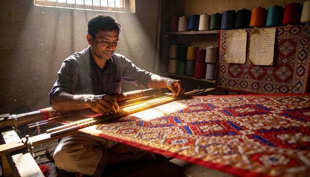 Sunlit artisan weaving intricate handloom carpet in traditional workshop