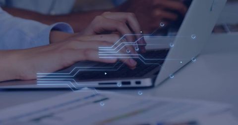 Business Professionals Using Laptop with Digital Circuit Overlay