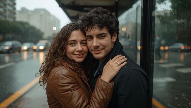 Young couple embracing under rainy urban bus shelter showing engagement ring and warm smiles