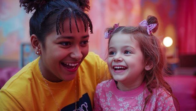 Joyful Moments Shared by Two Sisters in Colorful Playroom Setting