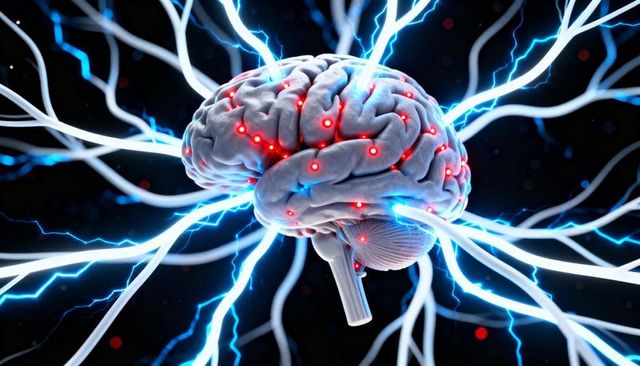 Floating human brain emitting electric arcs and red activation nodes, neural network