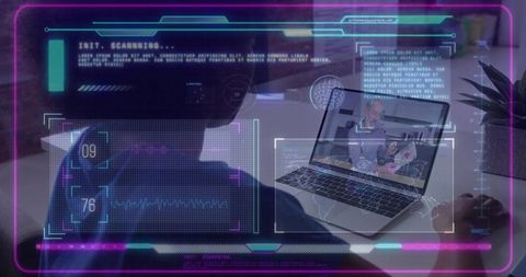 Remote worker attending video call with neon HUD overlay, backlit silhouette and laptop