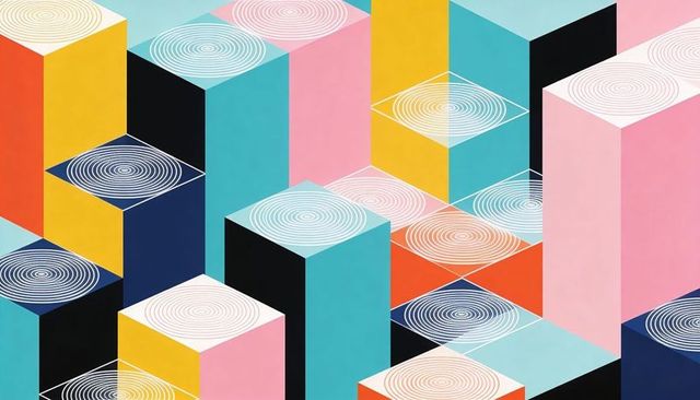 Vibrant isometric cuboid grid featuring concentric top rings, geometric modular pattern