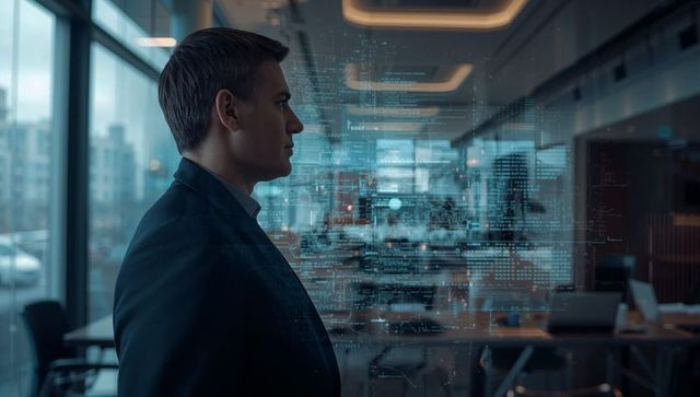 Businessman observing holographic code overlay on glass in futuristic office, ai interface