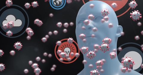 Virus Cells and Human Head with Digital Icons Symbolizing COVID-19
