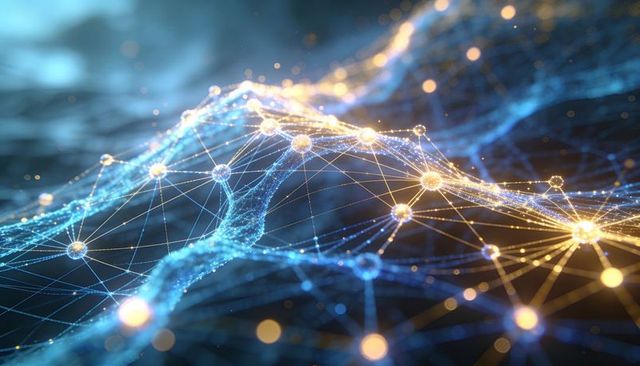 Flowing luminous neural network mesh with glowing nodes and golden-cyan data connections