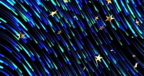 Blue-Green Light Trails Sweeping Diagonally with Floating Gold Stars, Futuristic Cosmic Background