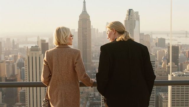 Two women overlooking new york skyline from rooftop terrace at sunset
