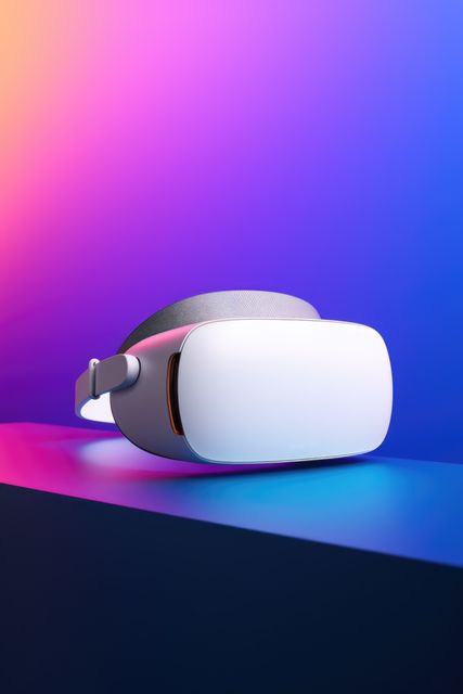 VR headset placed on futuristic, vibrant gradient background. Perfect for technology blogs, gaming websites, and advertisements showcasing new tech gadgets.