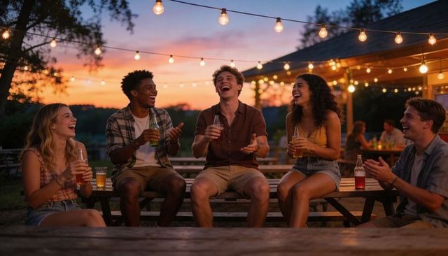 Young friends laughing at dusk on picnic bench under string lights at summer evening