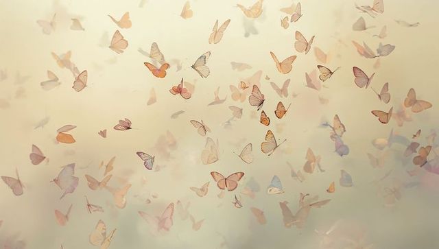 Ethereal butterflies fluttering across pastel sky with translucent wings and soft bokeh