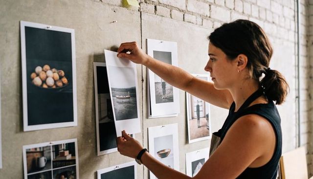 Pinning and arranging prints on concrete studio wall by female artist