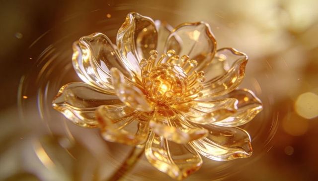 Golden glass lotus sculpture with sparkling beaded stamen, crystal petals, macro luxury