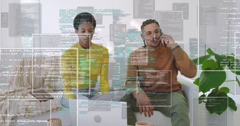 Remote coding collaboration duo working from living room with laptop, phone and code overlay