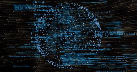 Pulsing blue data globe rotating with streaming source code and neon wireframe visual