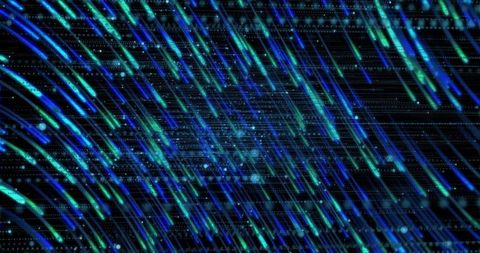 Flowing neon blue teal light streaks sweeping diagonal tech data motion background dynamic