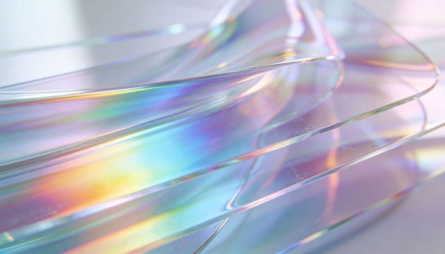 Stacking translucent iridescent sheets casting pastel rainbow highlights on glossy surface