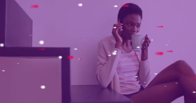 Relaxed Woman Drinking Coffee and Talking on Phone at Home - Download Free Stock Images Pikwizard.com