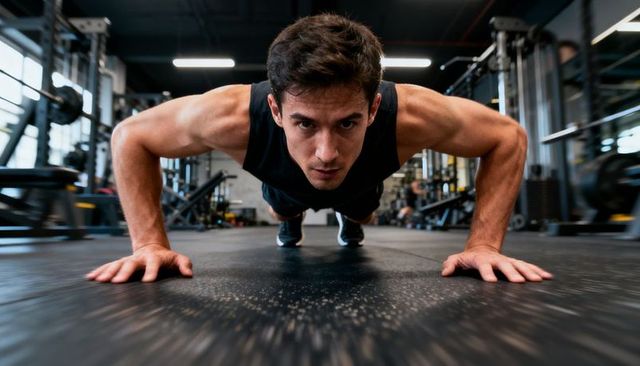 Male athlete performing intense push-ups in modern gym building upper body strength