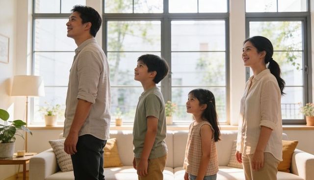 Family standing in sunlit living room looking up together, casual home interior lifestyle