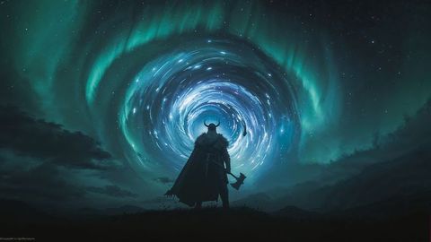 Viking warrior overlooking cosmic vortex in starry night sky