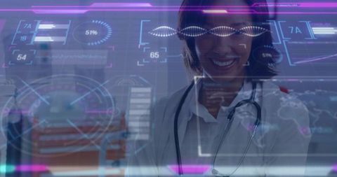 Female Doctor Interacting with Holographic DNA Helix in Futuristic Medical Clinic