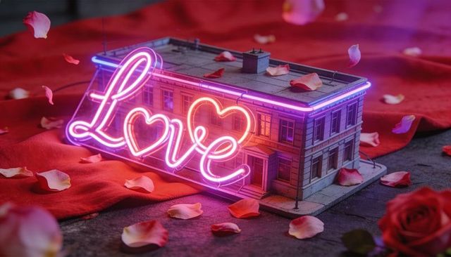 Neon love sign glowing over miniature building with rose petals on red velvet cinematic