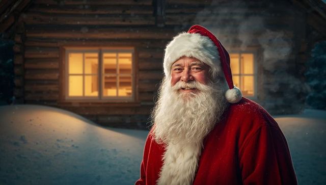 Santa claus smiling outside snowy log cabin during nighttime
