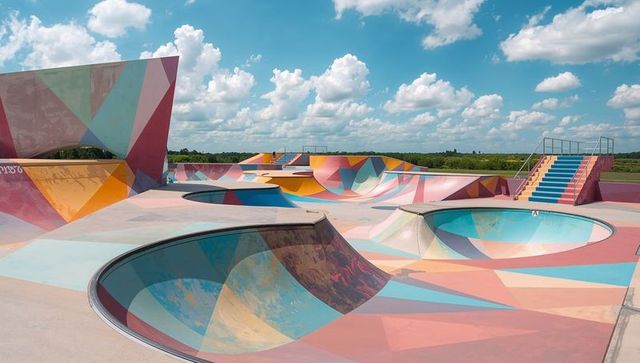 Pastel geometric skatepark with vibrant concrete bowls, ramps and stairs under blue sky