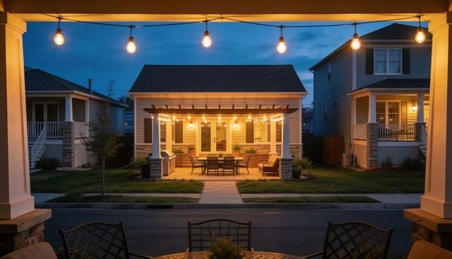Twilight suburban porch with warm string lights and pergola dining nook