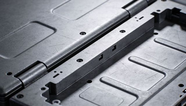 Industrial metal hinge rail and stamped panel with screws, fasteners, textured alloy
