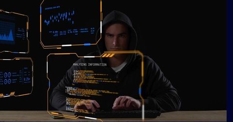 Hooded man typing on keyboard with futuristic hud overlays, cybersecurity analyst concept
