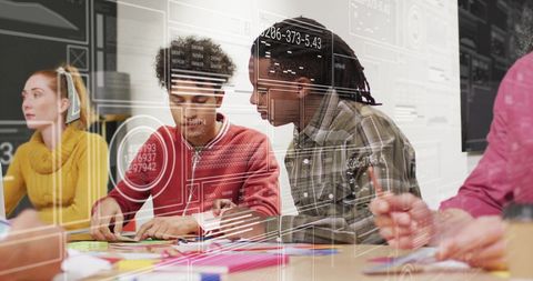 Business Team Collaborating With Digital Financial Interface Overlay