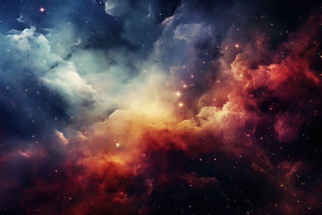 Nebula with stars and multicoloured clouds background, created using generative ai technology. Interstellar outer space, stars and galaxy concept digitally generated image.