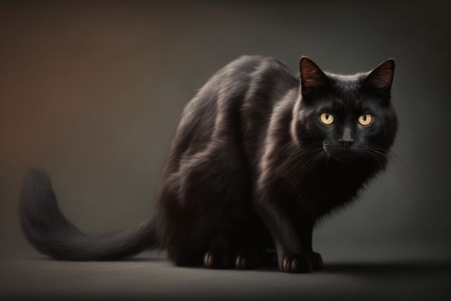 A stunning portrait of a black cat with piercing golden eyes, seated against a moody backdrop. Ideal for use in themes related to pets, mystery, Halloween, or moody, intimate settings. Can be used in advertising for pet products, as striking home decor, or as part of a themed illustration.