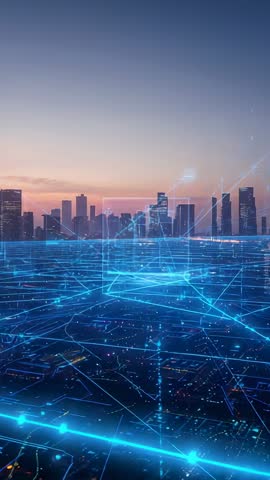 Vertical video: Overlaying glowing digital network grid across dusk skyline for smart city tech