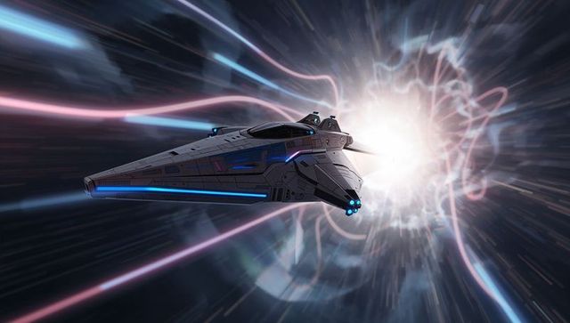 Futuristic spaceship surging through cosmic wormhole