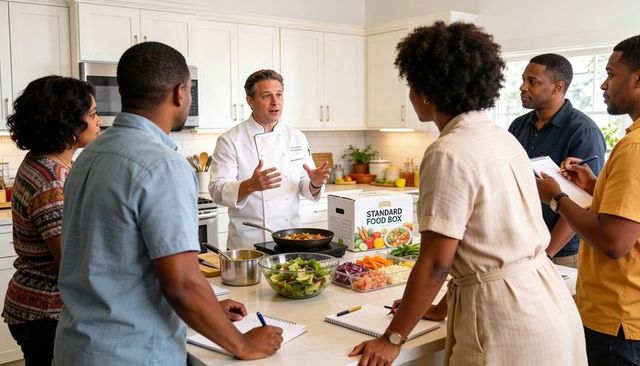 Professional chef teaching hands-on cooking class around marble island with fresh produce box