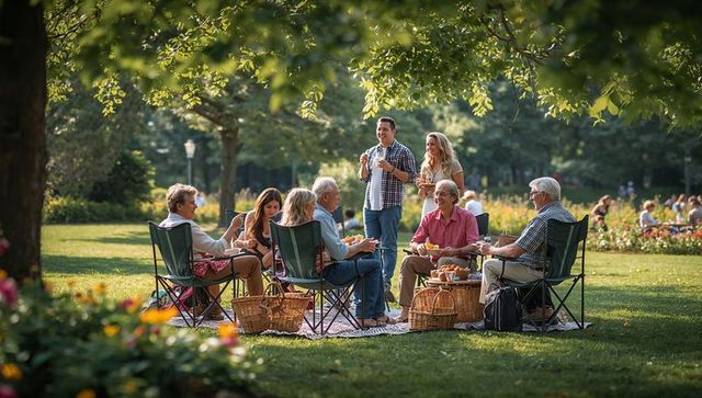 Enjoying multi-generation picnic in park sharing food, drinks, and laughter
