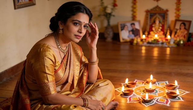 Indian woman wearing gold silk saree sitting beside rangoli with lit diyas at home shrine
