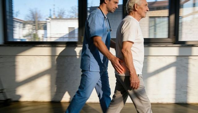 Nurse guiding elderly man during walking therapy, improving mobility and rehabilitation