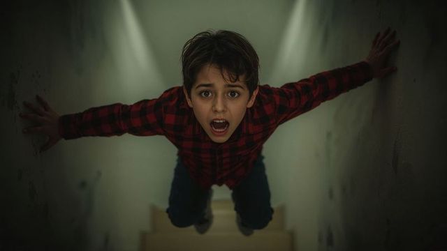 Boy on Dimly Lit Staircase with Textured Walls
