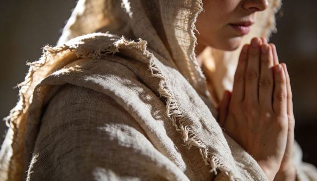 Praying woman wearing coarse linen hooded shawl with frayed edges in quiet chapel
