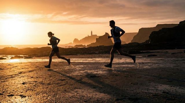 Couple running on wet sand at sunset with lighthouse silhouette and golden light