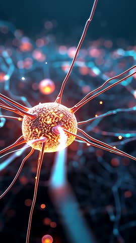 Glowing neuron network sending electric pulse along axon mesh - vertical sci-fi video