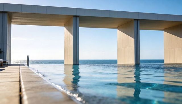 Minimalist infinity pool framing ocean horizon through sleek modern columned terrace